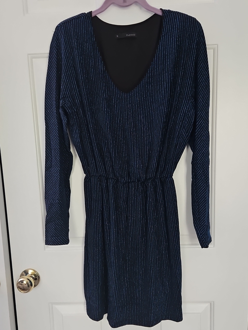 Vintage Glitter Navy Long-Sleeve V-Neck Dress With Shoulder Pads